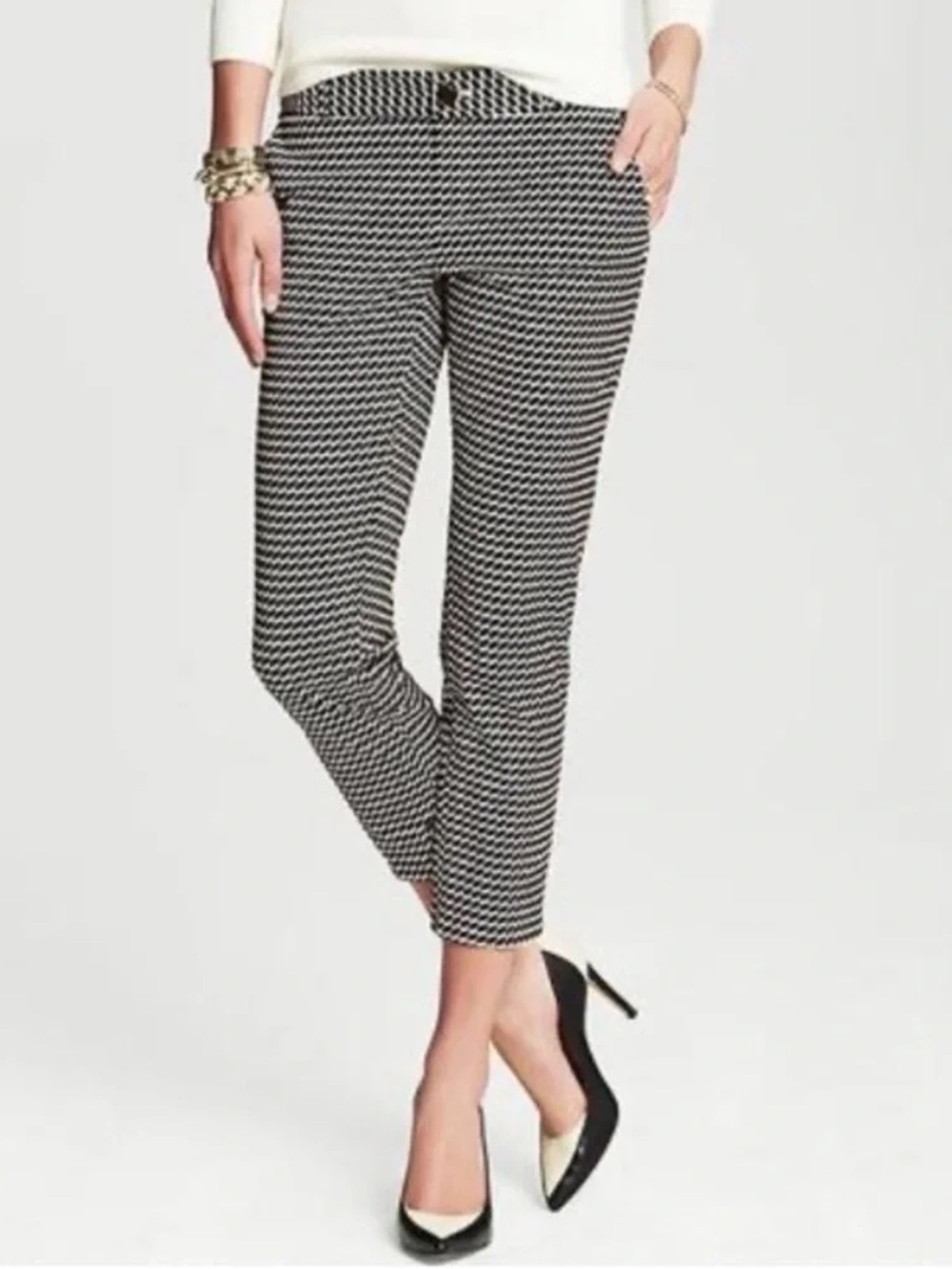 Banana Republic Black & White Cropped Patterned Slim Pants